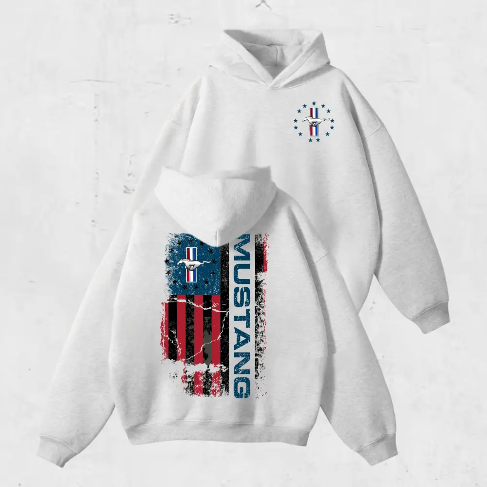 Ford Mustang Aesthetic Hoodie, Vintage Muscle Car Hoodie, Retro Ford Sweatshirt, Ford Mustang Distressed U.S. Flag 2-Sided Pullover Merch