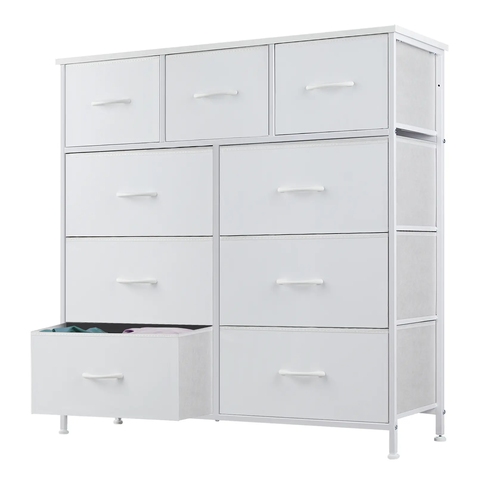 Fabric Storage Tower with 9 Drawers, Bedroom Drawer Dresser Organizer, Chest of Drawers with Fabric Bins, Steel Frame and Wooden Tabletop
