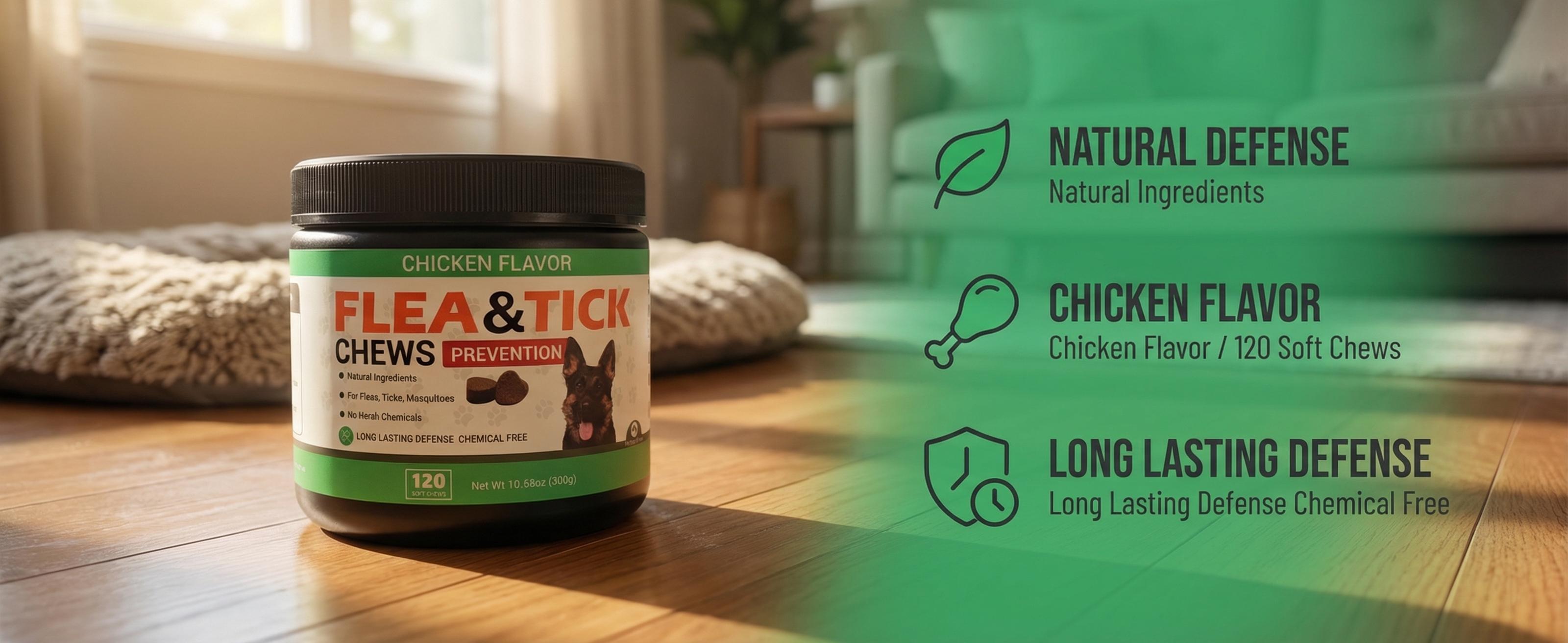Dog Flea and Tick Prevention Chewable Tablets - Natural Flea and Tick Chewable Supplement - Oral for Dogs - Insect Repellent - All-Season Use - Suitable for All Breeds and Ages - 120 Soft Chewable Tablets