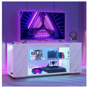 Marble TV Stand for TVs up to 55",LED Gaming Entertainment Center with Side Bookshelf, Marble White