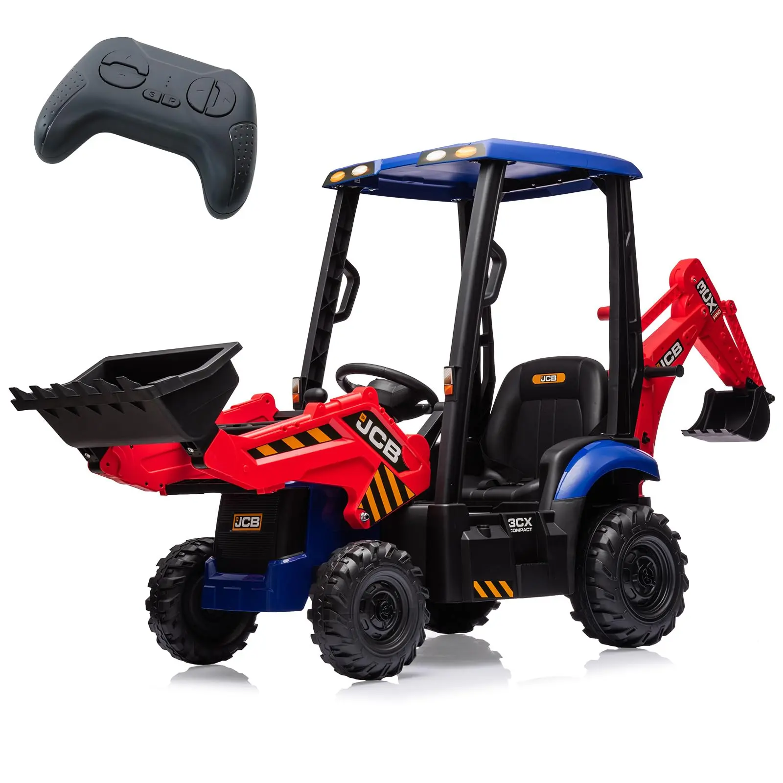 【Christmas Gift】4-in-1 Transformable JCB Ride-on Excavator for Kids, 12v Remote Control Toy with Front Loader & Digger Functions,Kids Outdoor Toy Car, Engineering Truck Red&Blue