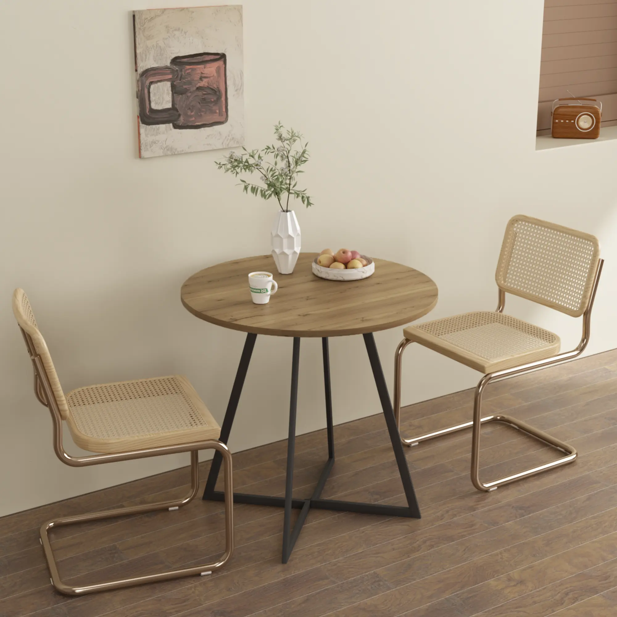 31.5 in Round Pedestal Dining Table, Wood-Look MDF Tabletop, Sturdy Black Metal Legs, Modern Minimalist Circle Table for 2-4 People, Multi-Purpose for Small Apartment Kitchen Breakfast Nook