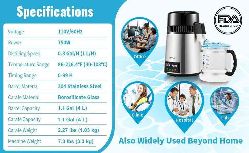 VEVOR 1.1 Gal Water Distiller, TikTokShopBlackFriday, 0.3 Gal/H, 750W Distilled Water Maker Machine 0-99H Timing Set Temp Display, 304 Stainless Steel Countertop Distiller Glass Carafe Cleaning Powder 3 Carbon Packs, Silver VEVOR 1.1 Gal Water Distiller, TikTokShopBlackFriday, 0.3 Gal/H, 750W Distilled Water Maker Machine 0-99H Timing Set Temp Display, 304 Stainless Steel Countertop Distiller Glass Carafe Cleaning Powder 3 Carbon Packs, Silver