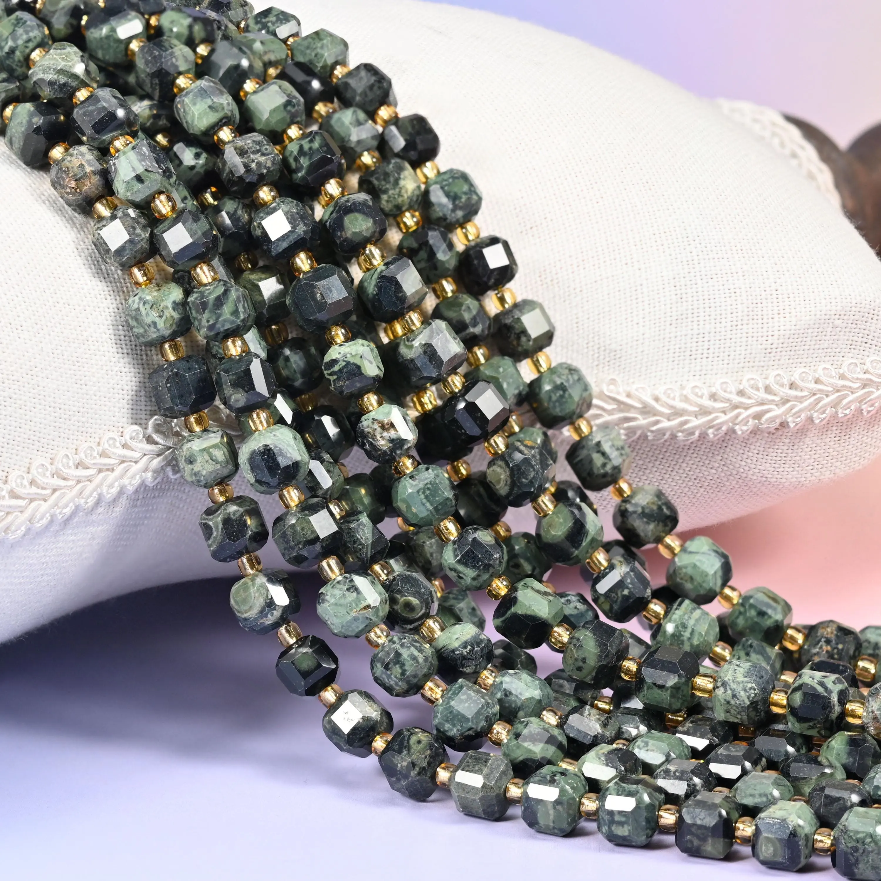 Kambaba Jasper Gemstones Faceted Cube Center-Drilled Beads - 6mm, 8mm Sizes, 15in Crafting Supplies Strand for DIY Jewelry Making