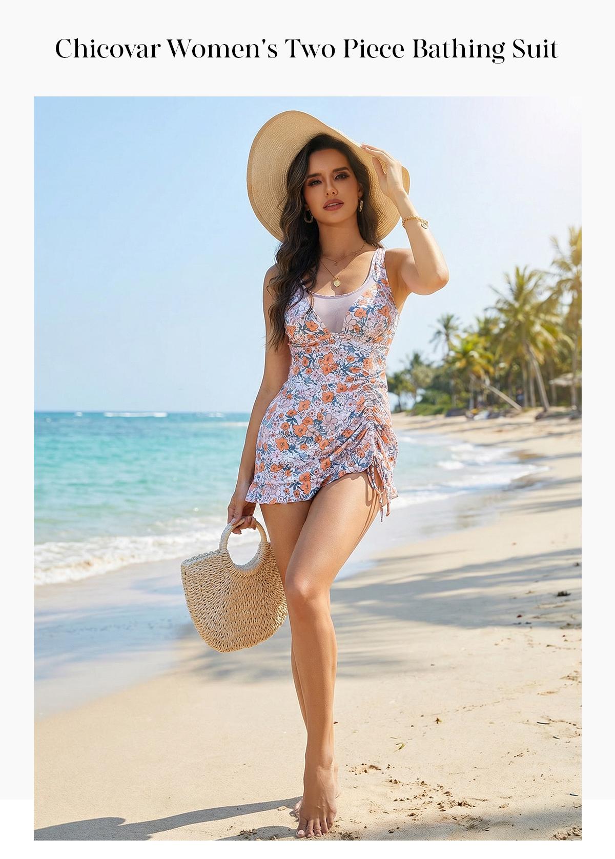 Chicovar Boutiques Women's 2 Piece Swimsuits, Floral & Plain Options, Tummy Control Mesh Neck Swim Dress with Drawstring, High Waisted Bikini Bottoms, Perfect for Beach, Pool & Vacation