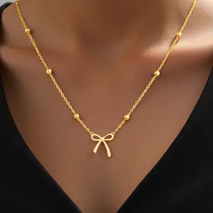 17KM 14K Gold Plated Bow Necklace for Women - Dainty Tiny Cute Bow Pendant Choker Chain - Adjustable Length with Lobster Clasp - Trendy Jewelry Gift