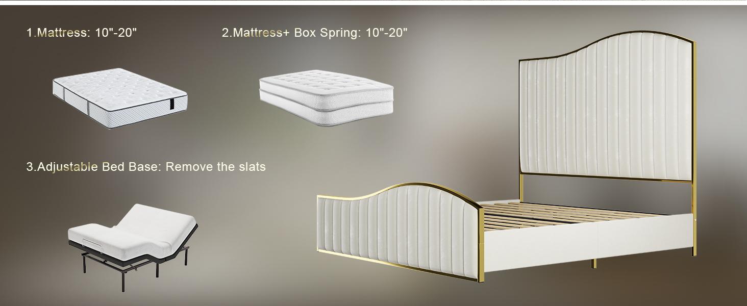 AMERLIFE Bed Frame with Golden Plating Trim, Velvet Upholstered Bed with Vertical Channel Headboard Footboard, No Box Spring Needed/Christmas Gift