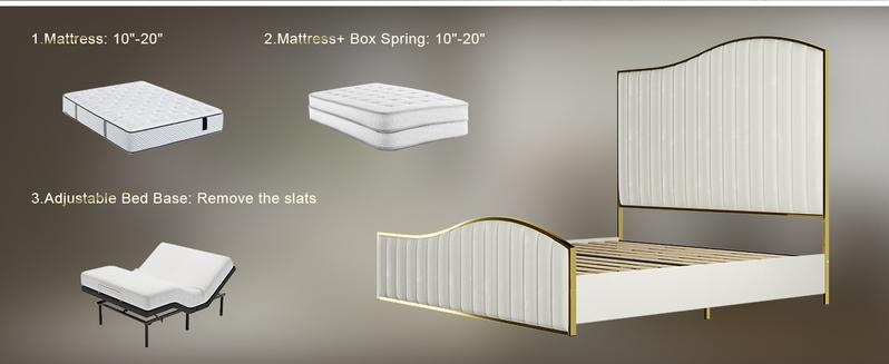 AMERLIFE Bed Frame with Golden Plating Trim, Velvet Upholstered Bed with Vertical Channel Headboard Footboard, No Box Spring Needed/Christmas Gift