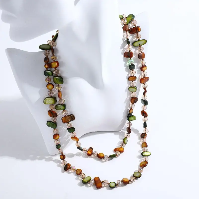 Colorful Bead Long Necklace for Women Boho Handmade Irregular Natural Shell jade Glass Beads Vintage Chunky Layered Sweater Chain Accessory Statement Jewelry Colorful Shell Design, Irregular Beads, Layered Chain summerwins