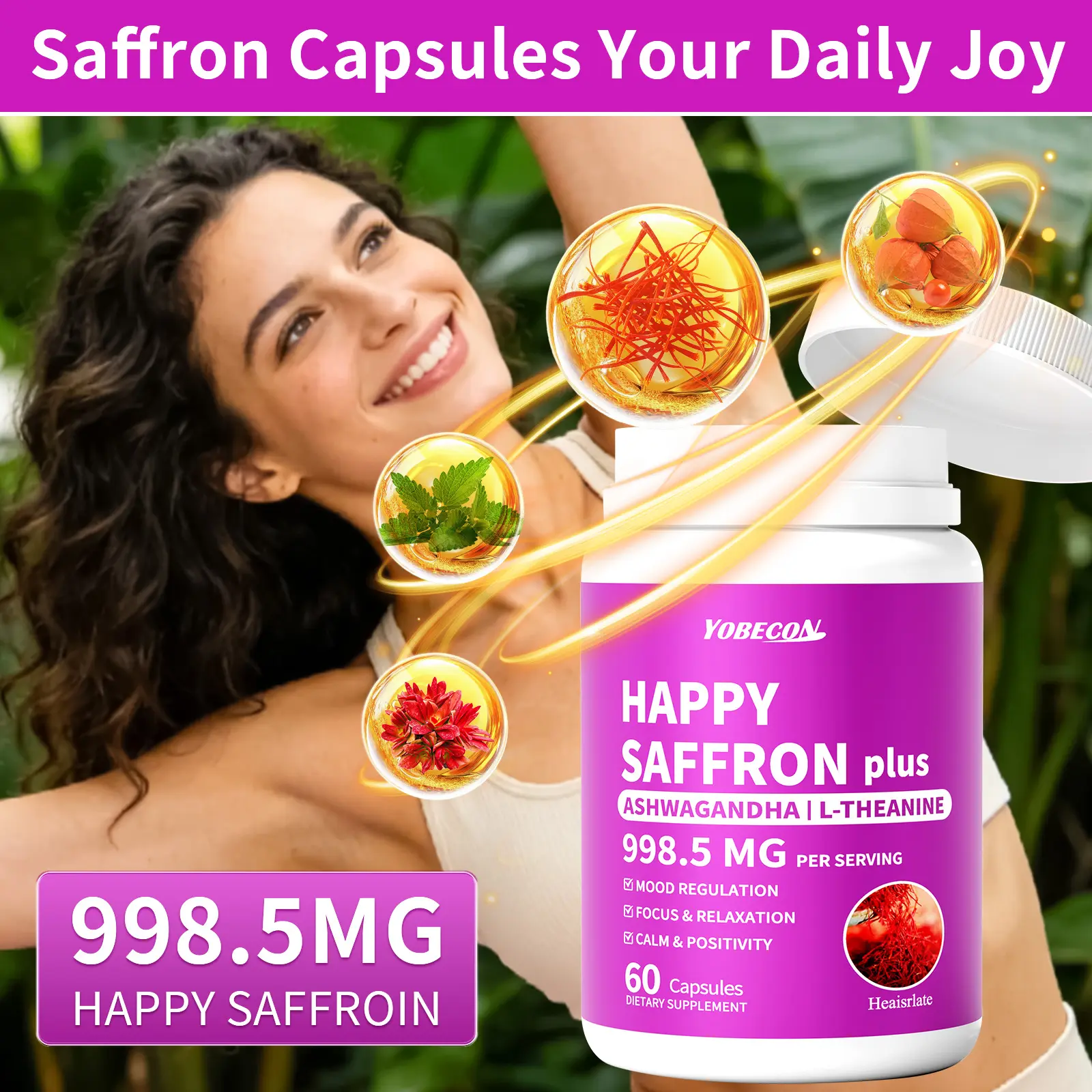 Heaisrlate 998.5MG Premium Happy Saffron Dietary Supplement - Herbal Botanical Herbs Formula with Ashwagandha, Magnesium, L-Theanine, Rhodiola Rosea for Daily Wellness, Mood, Focus Support (Office Workers, Valentine's Day Gift), Healthcare