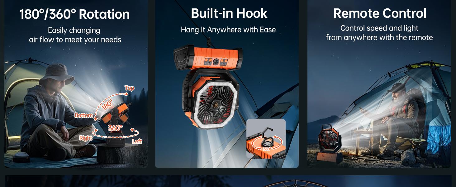 30000mAh Camping Fan with LED Light & Remote Control | Auto-Oscillating 270° Portable Power Bank Desk Fan with Hook & Timer | USB Rechargeable 4-Speed Battery Operated Outdoor Tent Fan for Camping, Travel, Beach, Emergency, Patio, Fishing & Mobile Use