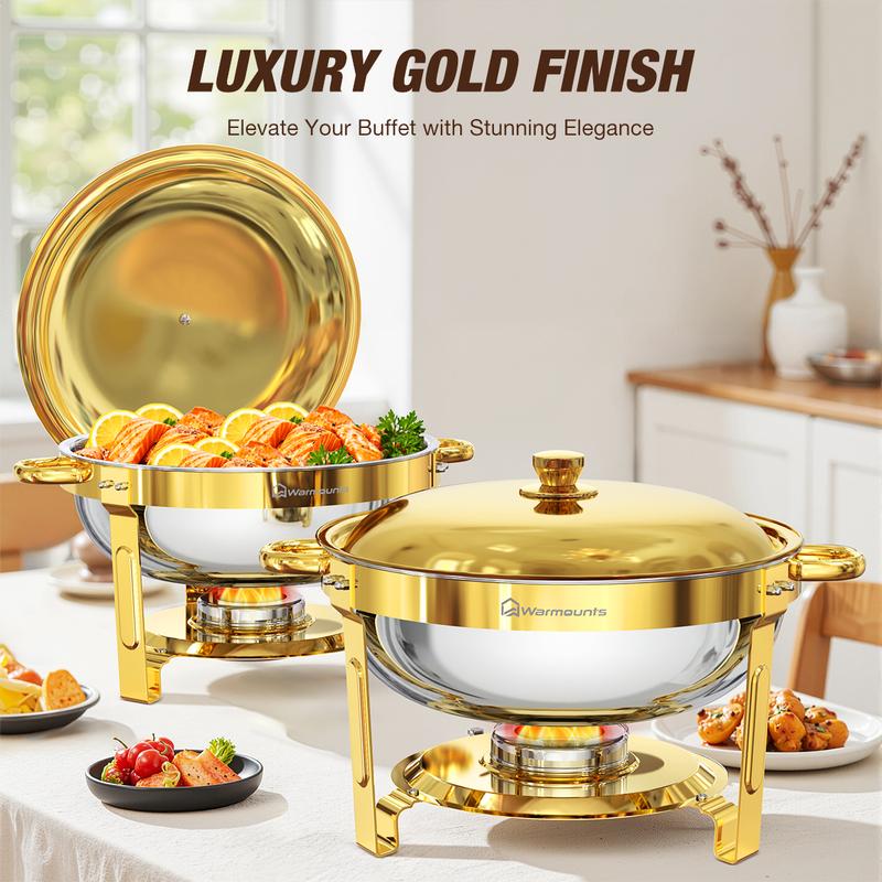 WARMOUNTS 5QT Gold Chafing Dishes for Buffet with Glass Lid, Round Stainless Steel Chafers and Buffet Warmers Sets with Lid Holder, Rolled Rim Design, for Catering Events, Parties, Weddings (2/4/6Pack)