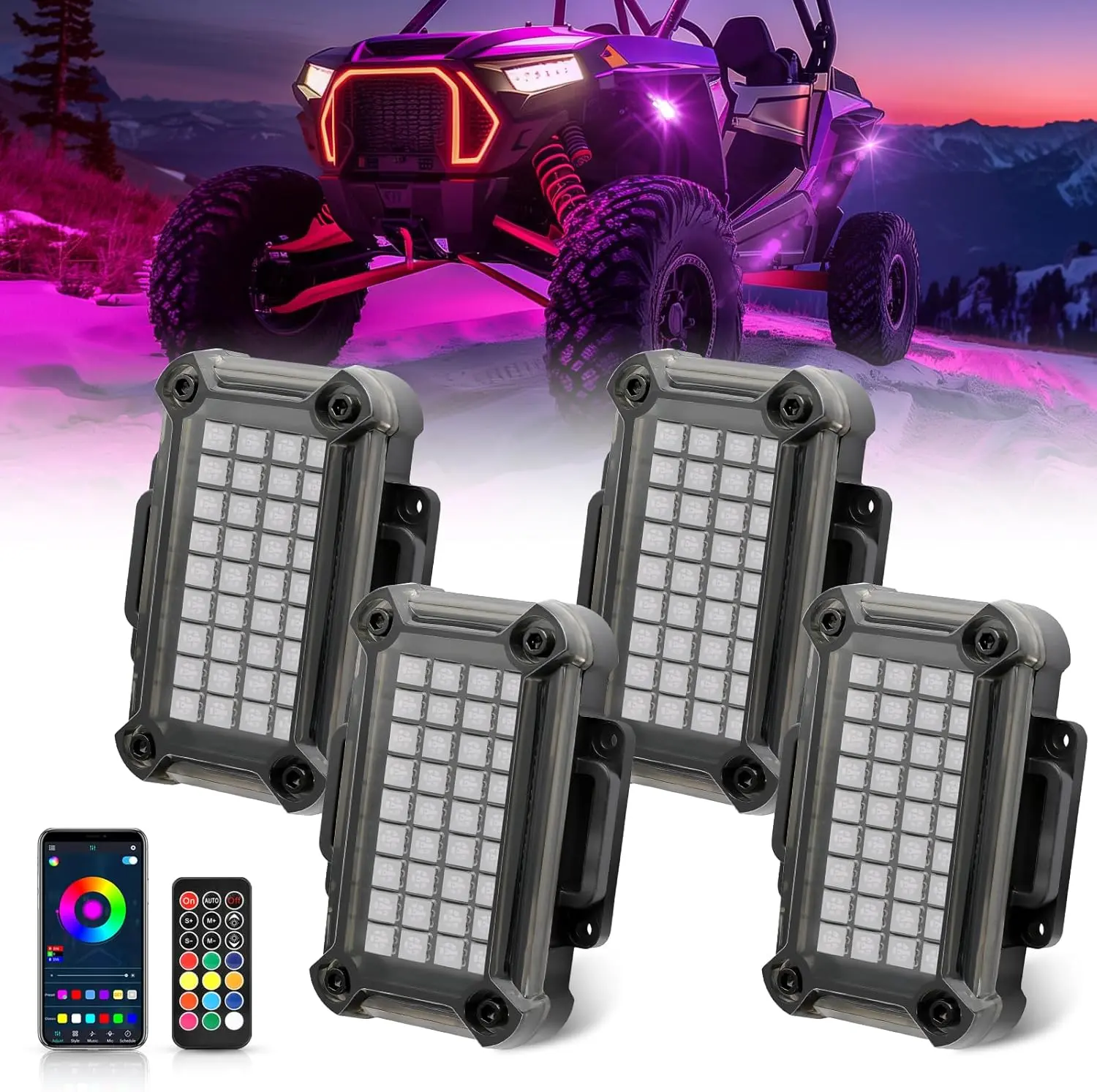 RGBW Rock Lights 4 Pods LED Rock Kit for UTV ATV with APP RF Control & Timing & Music Mode Multicolor Neon Underglow Kit Bright Underbody Lights for Golf Cart RZR Trucks Jeep SUV Car