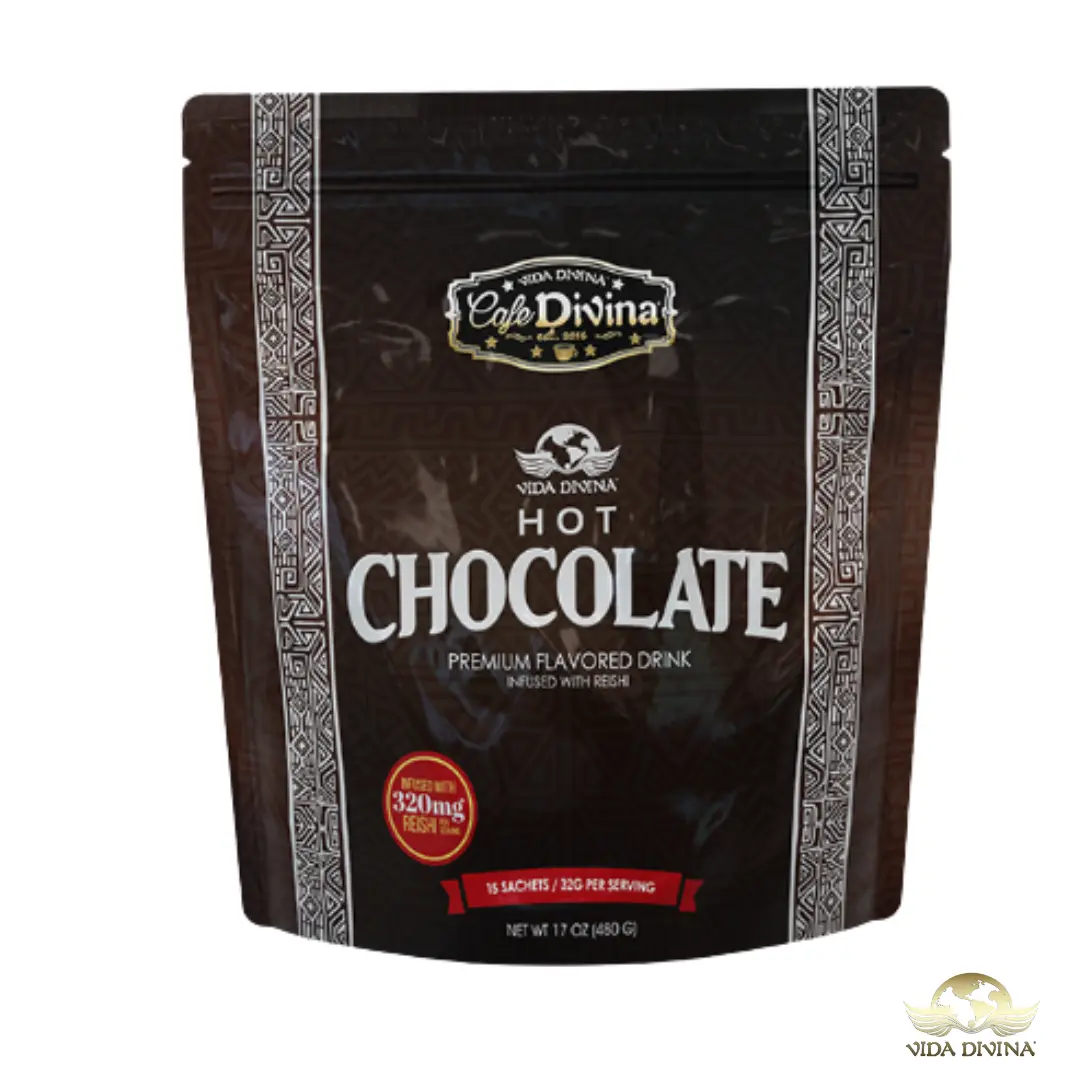 Vida Divina Hot Chocolate Premium Flavored Drink Infused with Reishi 320mg Non-Dairy Creamer 15 Sachets 32g per Serving Old Fashioned Flavor