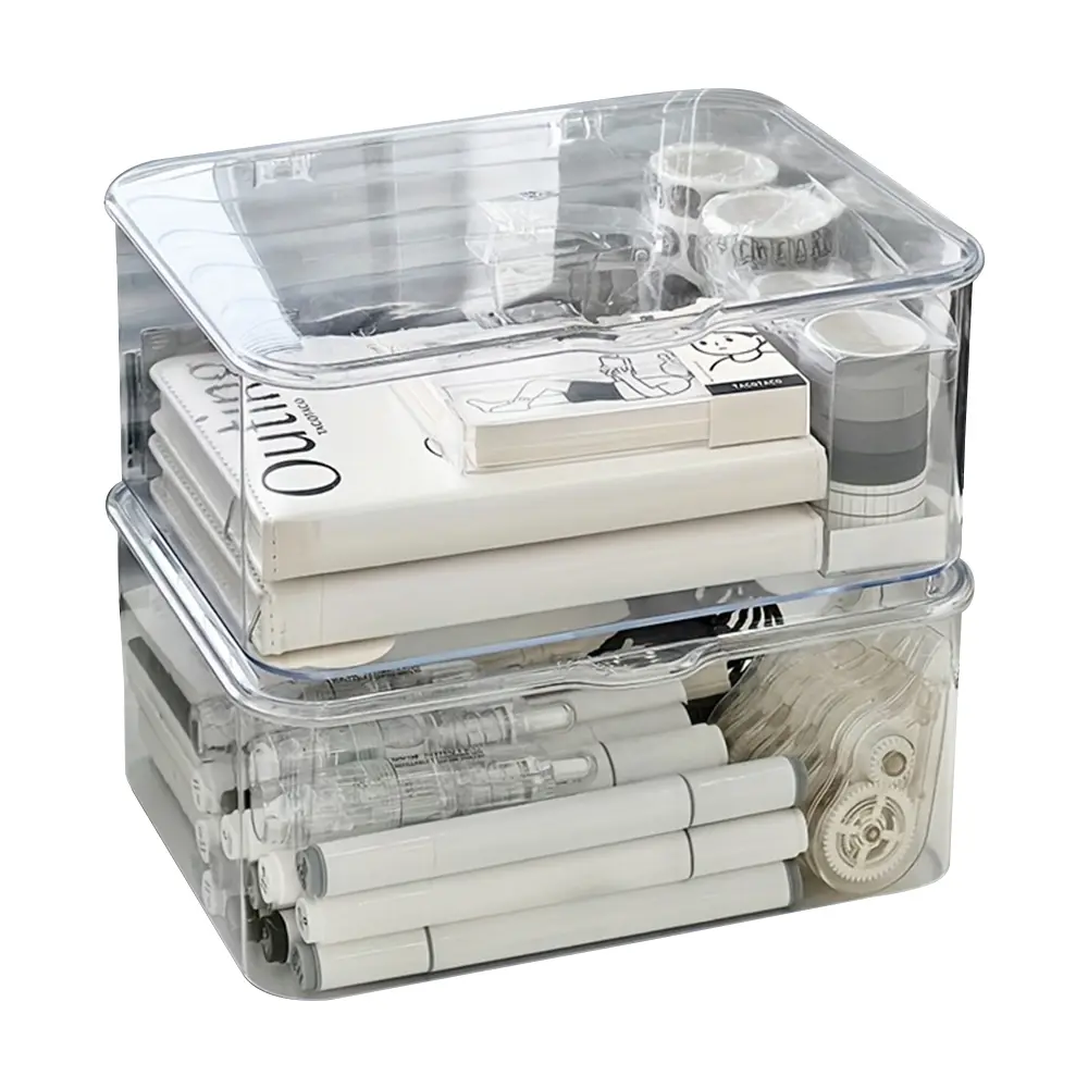 Stackable Clear PP Plastic Storage Box with Flip Lid, Transparent Desktop Organizer Container, Multi-Purpose Storage Case for Stationery Bathroom Kitchen Craft Supplies Office Home School room storage