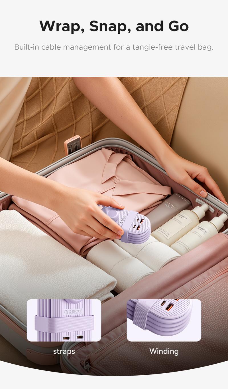 ORICO Upgraded 7-in-1 Travel Power Strip,2 Outlets & 4 USB Ports (2TYPE-C+2USB-A), 65W Fast Charging, Compact for Cruise, Hotel, Dorm, and Travel Essentials- TK