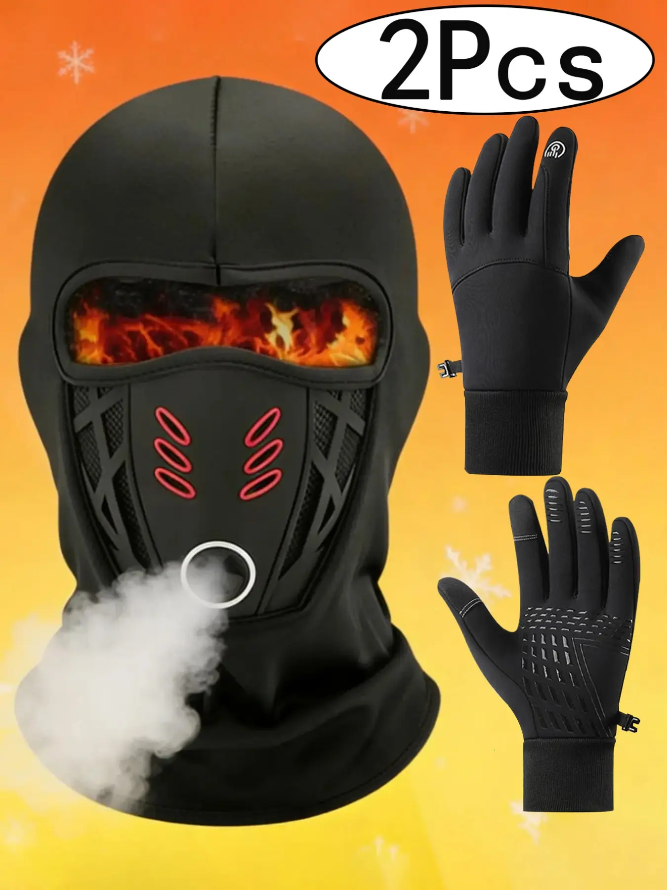 2Pcs-Men's Winter Warm Windproof Full Face Mask, Full Face Cover, Premium Ski Mask, Full Balaclava, Balaclava Mask Headwear, Motorcycle Helmet Liner, Waterproof Thermal Gloves, Unisex Riding Gear for Fall & Winter