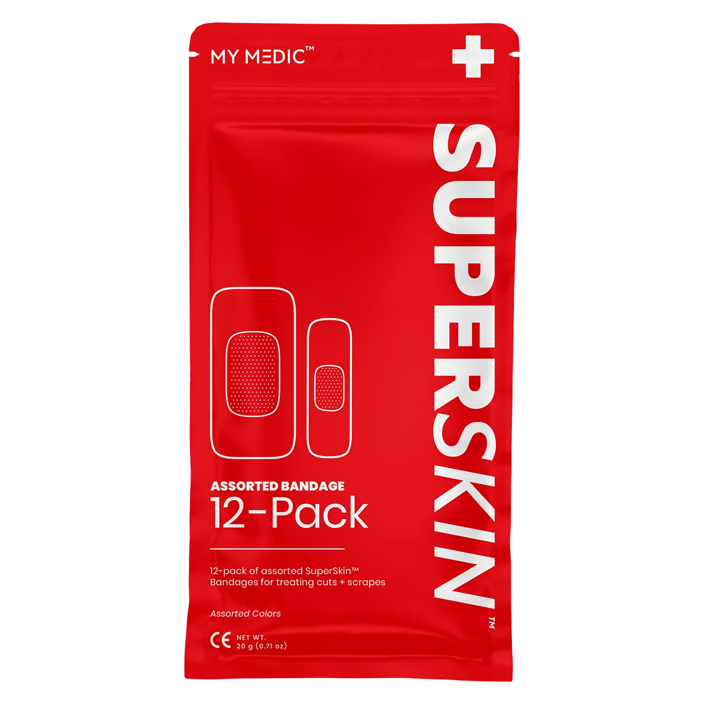 MY MEDIC SuperSkin® 12-Pack Assorted Bandages - 5X Stronger Adhesive, Sterile, Latex-Free, Aloe Pad for Fast Healing, 4-Way Stretch Technology - Treat