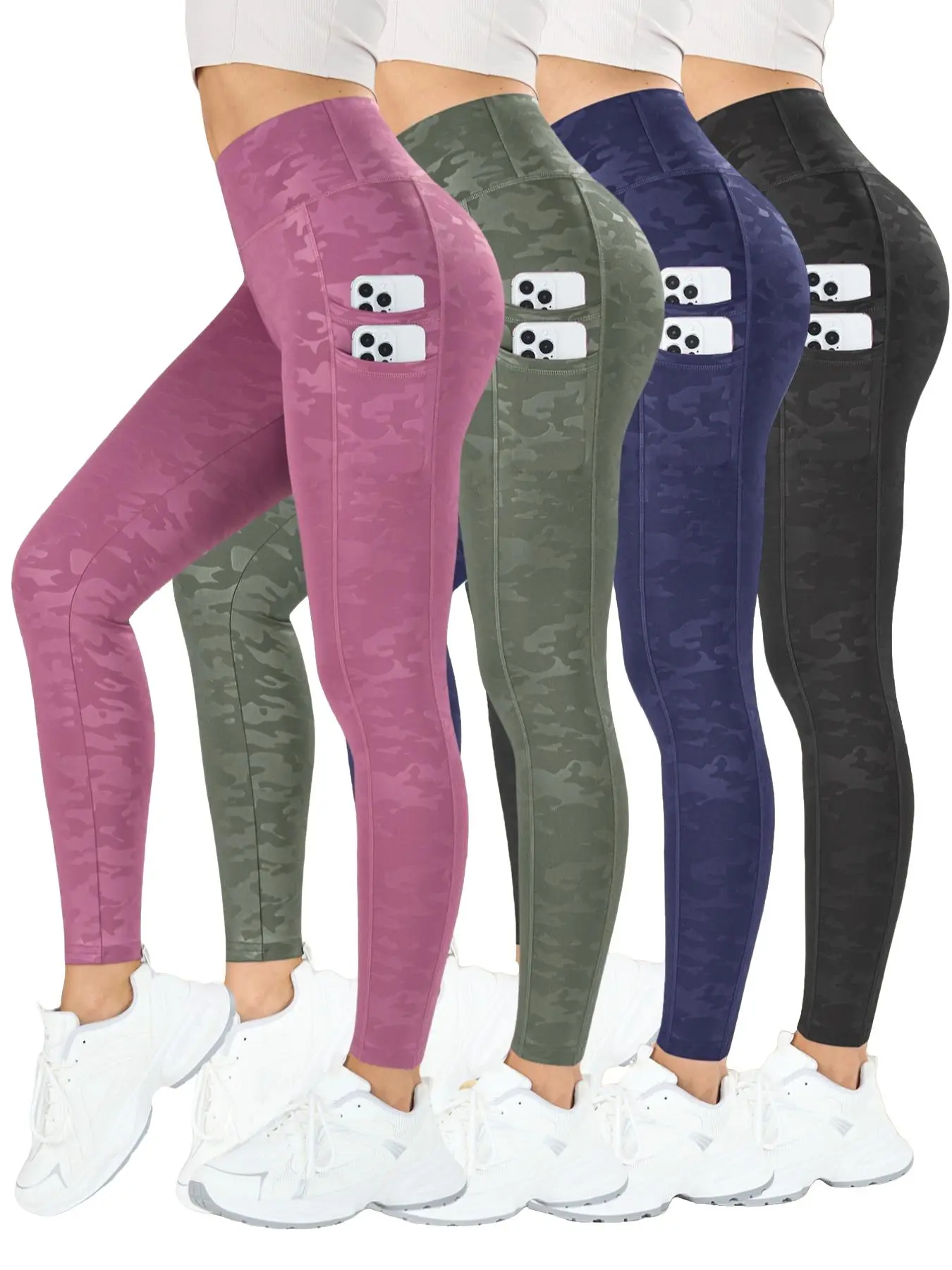 4PCS Women's Camo Print High Elasticity High Waist Outdoor Fitness Training Pant Sweatpants, Dual Pocket Butt Lifting Shaping Pants, Breathable Comfort Casual Wear, High Waisted Sportswear, High Waist Activewear