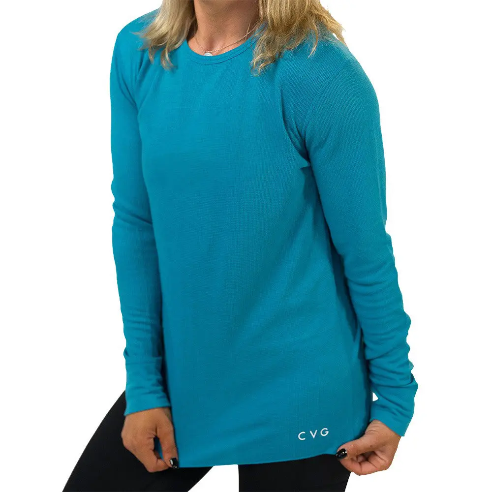 CVG Women's Spandex Waffle Fabric Lightweight Thermal Base Layer Top - Harbor Blue, Cold Weather, Gym Use