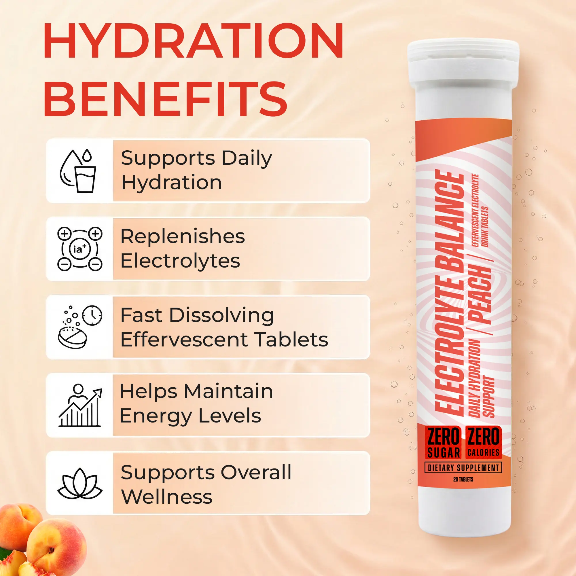 Electrolyte & Vitamin C Hydration Effervescent Tablets, Peach Flavor, 0 Sugar, 0 Calories, 60 Tablets (60 Servings)