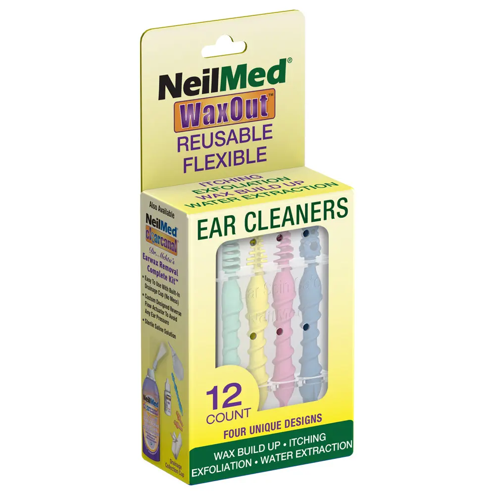 NeilMed WaxOut Reusable Ear Cleaning Tools - 12 Count 4-in-1 Spin Safe Wax Removal Kit - Coil, Bristle, Screw & Club for Itch Relief & Cleaning