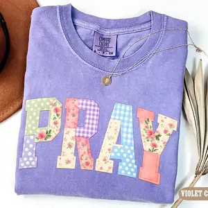 Comfort Colors Pray Christian T-Shirt, Faux Quilted Religious Tee, Varsity Faith Jesus Easter Shirt,Boho Floral Amen Shirt