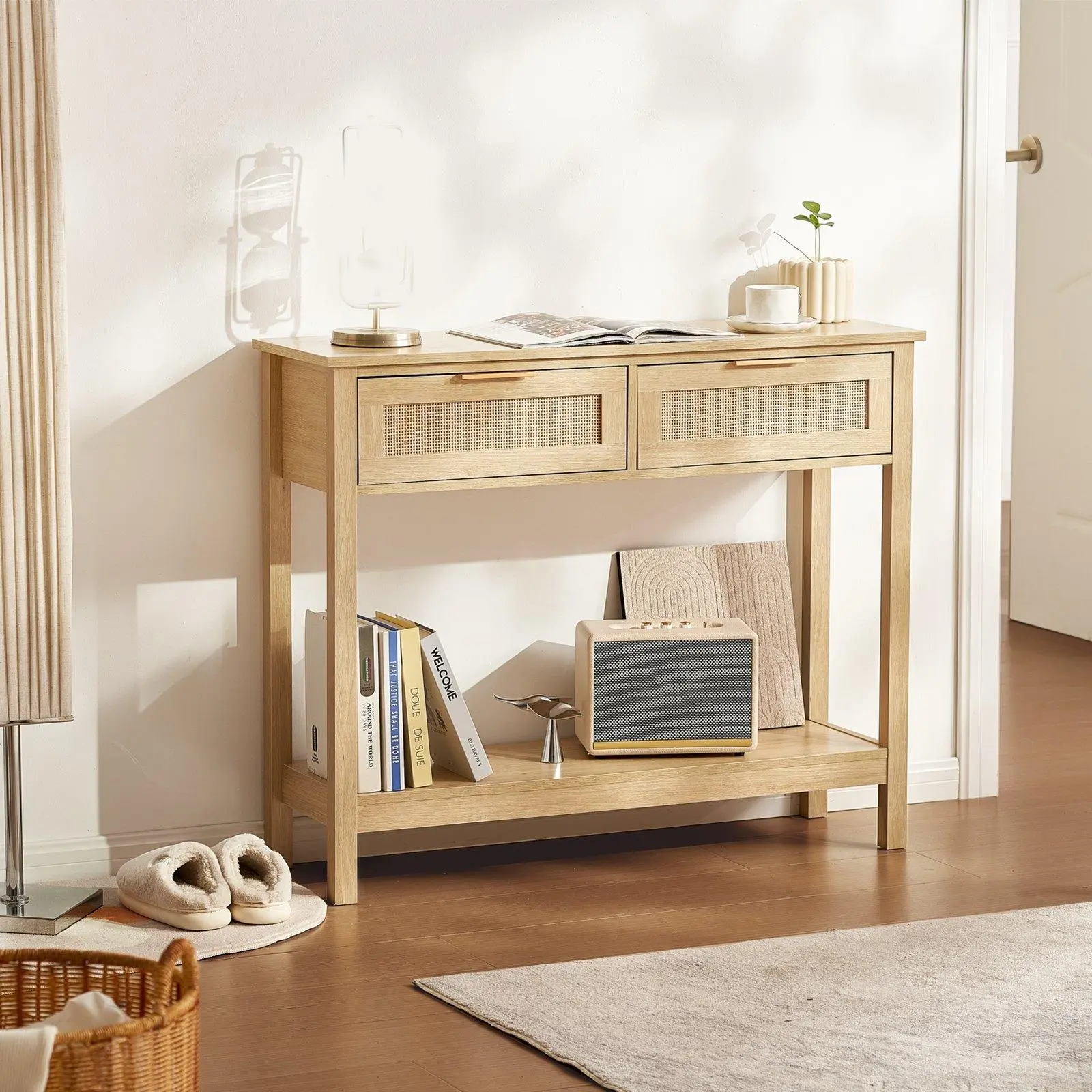 【SummerFinds】VEVOR Rattan Console Table with 2 Storage Drawers Rattan Sliding Door Natural,  , Rattan Entryway Table with Storage, Small Console Tables for Entryway, Entry Table for Hallway, Living Room Table