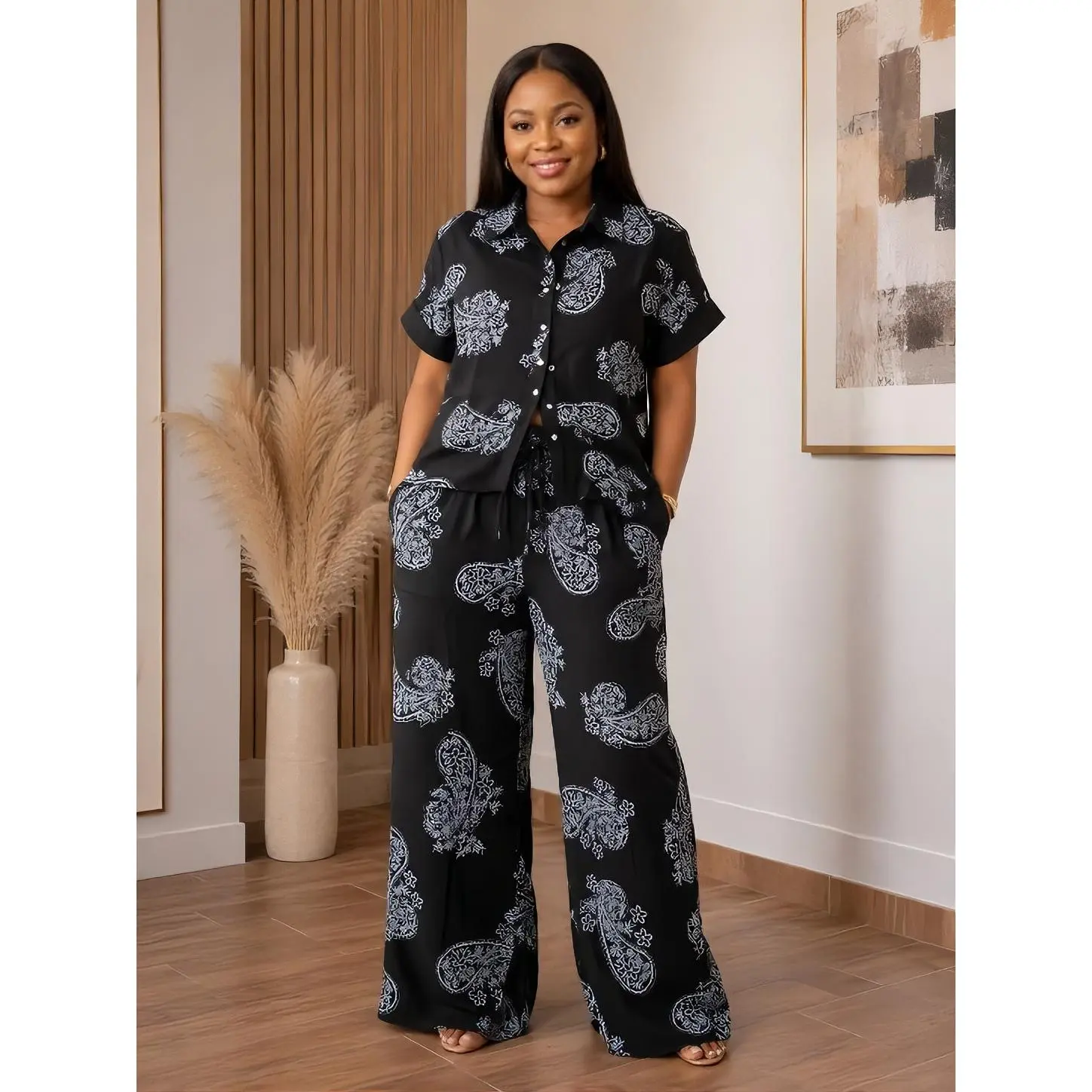 Linen Material 2pcs Pattern Shirt and Pant Set for Women - Comfortable and Stylish