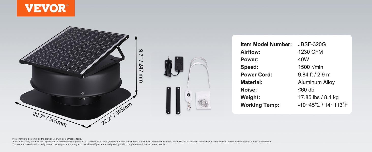 VEVOR Solar Attic Fan, TikTokShopBlackFriday, 40 W, 1230 CFM Large Air Flow Solar Roof Vent Fan, Low Noise and Weatherproof with 110V Smart Adapter, Ideal for Home, Greenhouse, Garage, Shop, RV, FCC Listed