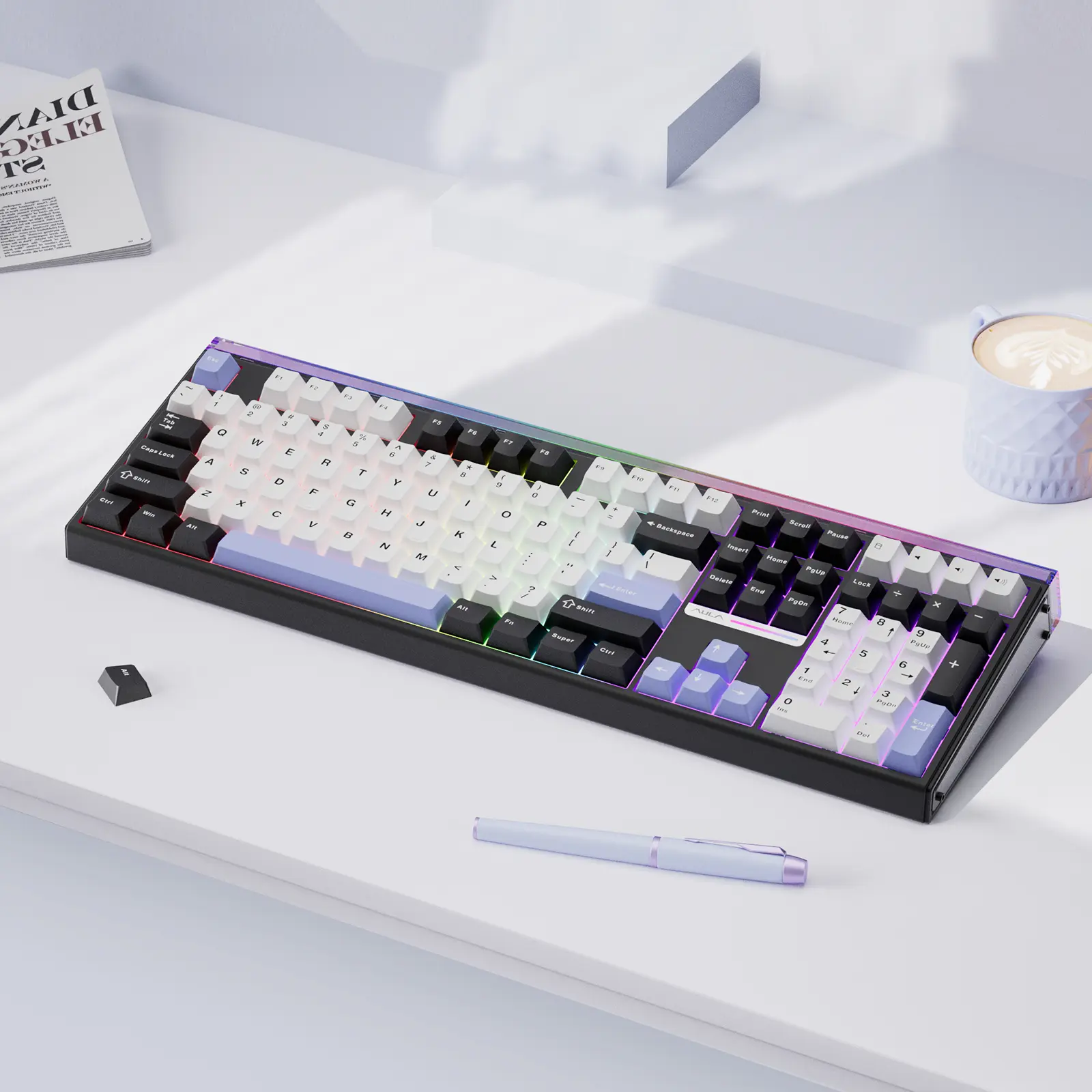 AULA H108 Full-Size Silent Mechanical Keyboard - Tri-Mode Bluetooth 2.4G Wireless, Silent Feather Switches, RGB Backlight - Black/White/Purple Options for Office Use, PC Accessories, Silent Keyboards,back to school,back to school shopping