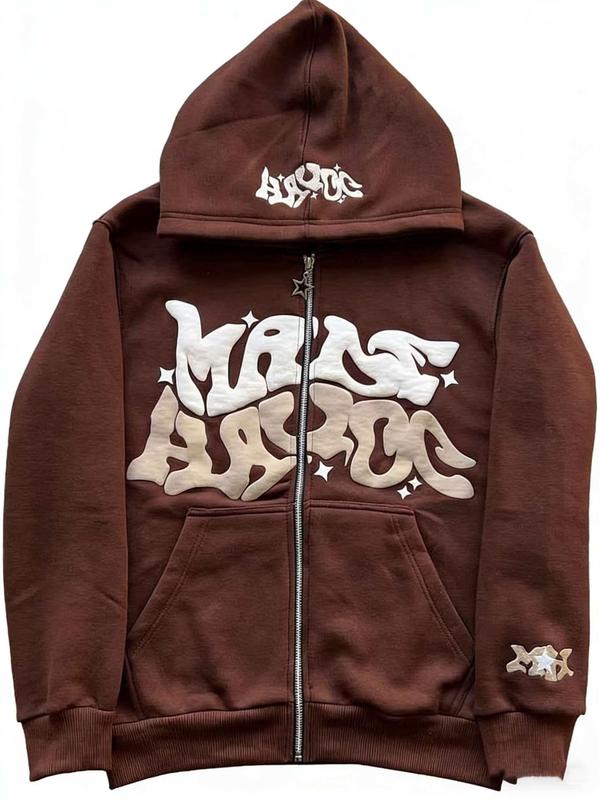 Men, women, versatile for daily use，Retro Star And Letter Printed Zipper Hoodies，Spring Autumn Harajuku Y2K Women And Men Fashion Hip Hop Long Sleeve Hooded  Avant-Garde - Street Casual    Spring/Fall    Loose    Zipper  Pocket  Patched