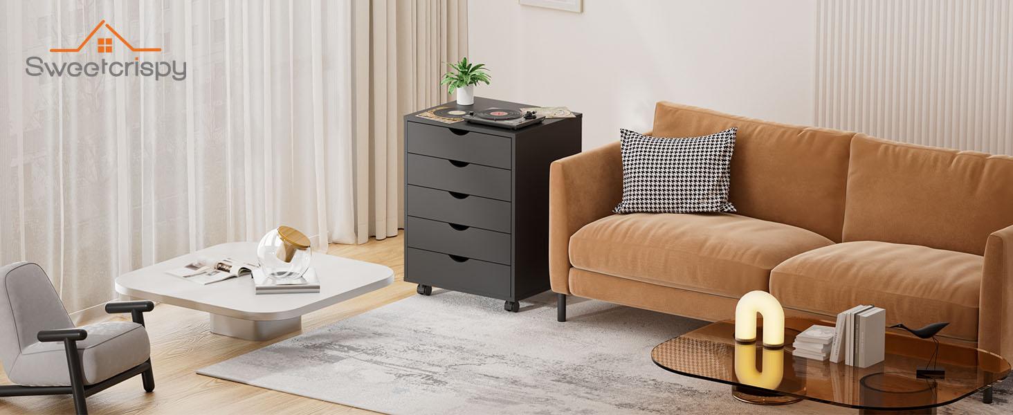 5 Drawer Chest Wood File Cabinet Rolling Organization Storage Dresser with Wheels for Home Office