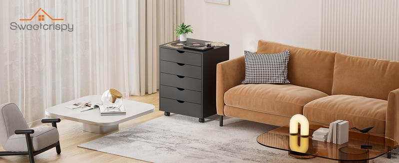 5 Drawer Chest Wood File Cabinet Rolling Organization Storage Dresser with Wheels for Home Office