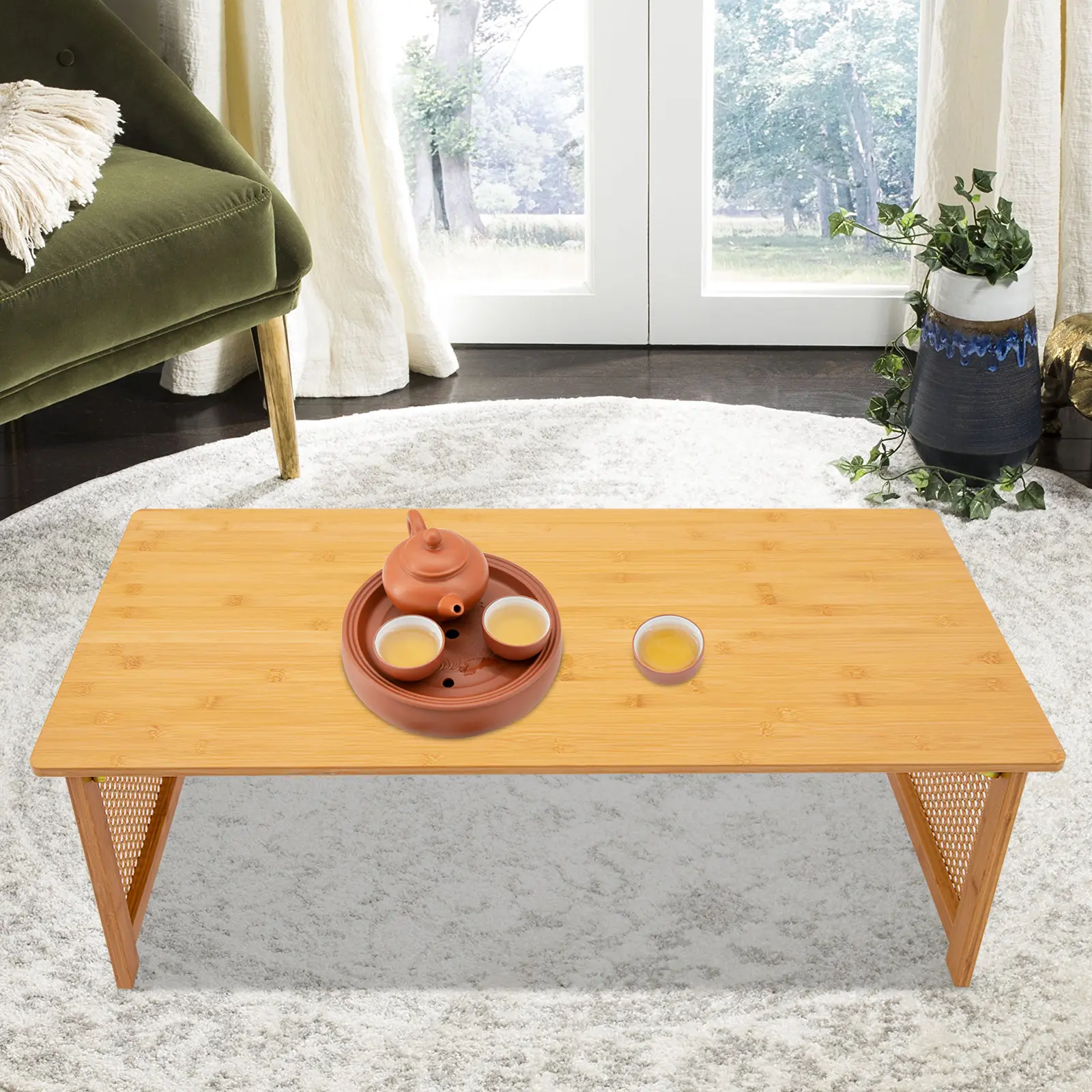 Foldable Bamboo Plastic Free Standing Rectangle Coffee Table - 100*48*35cm, 70kg Load Capacity, Space Saving Furniture, Small Space Solutions, Foldable Expandable Slim Ultra-Portable Convertible Table Living Room Furniture for Bedrooms, Office