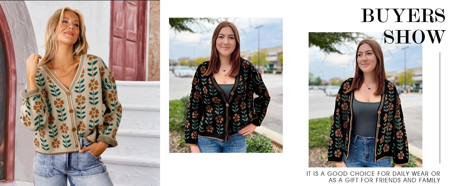 Imily Bela Womens Floral Print V Neck Cardigan Open Front Button Down Knit Sweater Long Sleeve Loose Fashion Tops