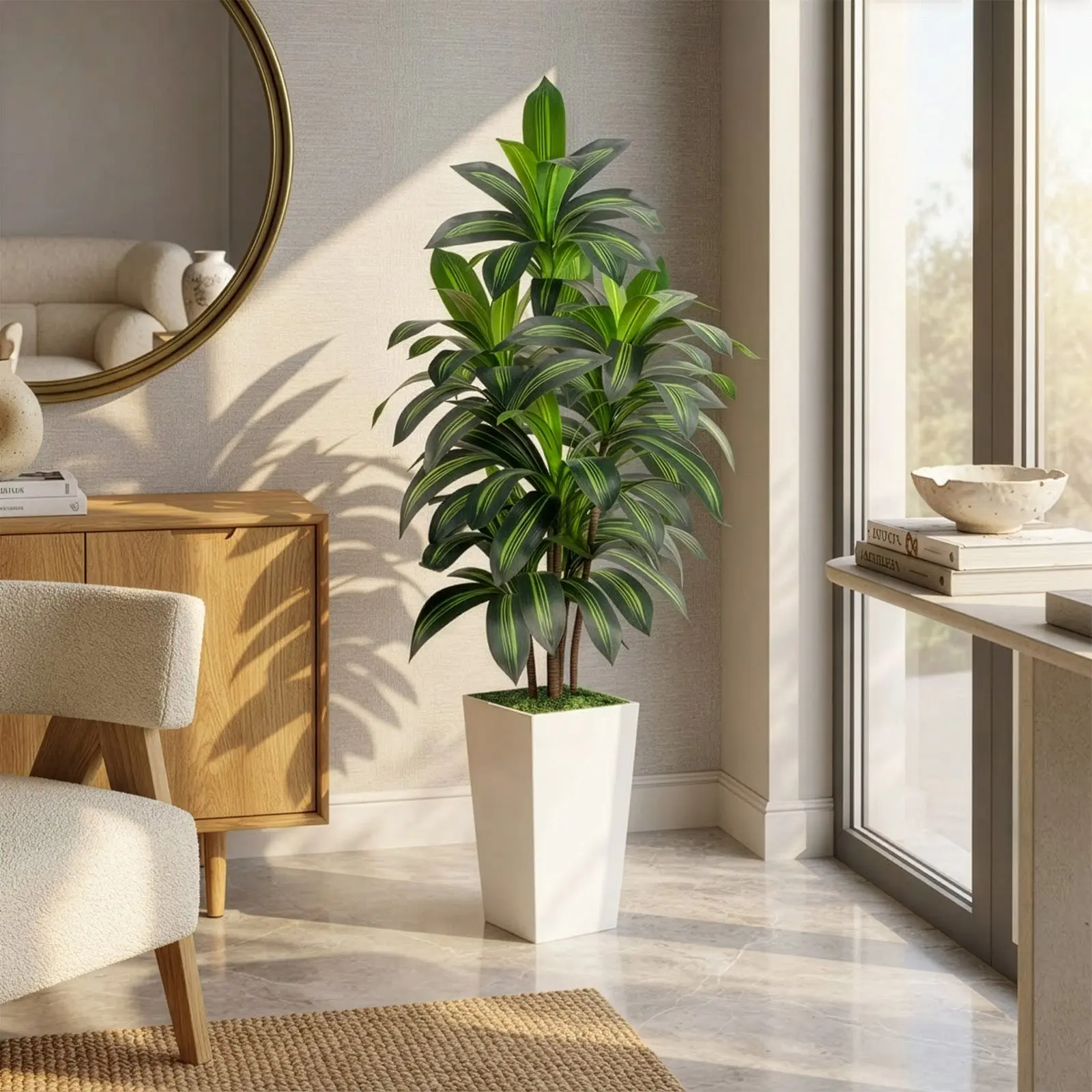 ROMSWI Dracaena Artificial Tree 5FT 6FT Tall Pre Potted Dracaena Trees with White Tall Square Planter for Indoor Outdoor Home Office Decor