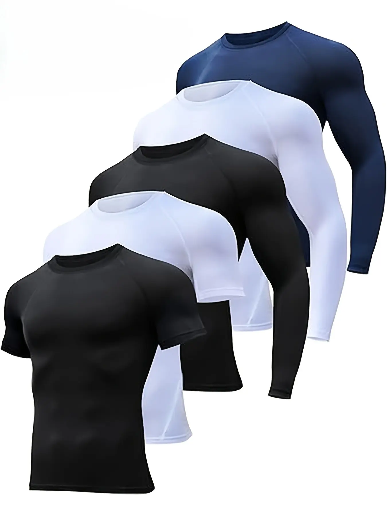 Men's 5-Piece Compression Sportswear Set - Slim Fit Short & Long Sleeve T-Shirts in Black, White, Navy for High-Intensity Training