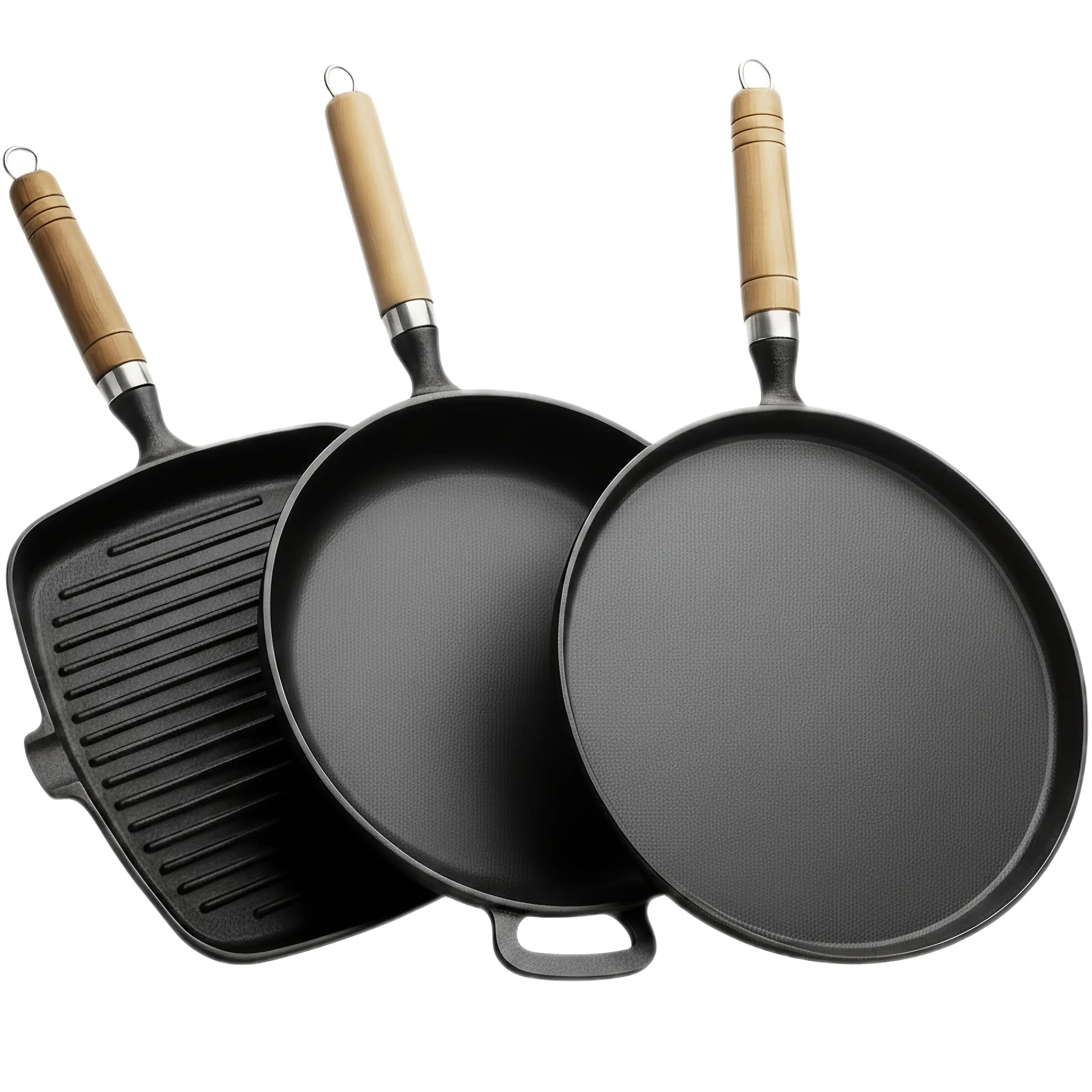 PACILACK Cast Iron Skillet Set 3 Piece, Pre-Seasoned Cast Iron Frying Pans, Griddle Pan and Grill Pan Set, Durable Heavy Duty Cookware for Cooking, Searing, Camping & Outdoor Use