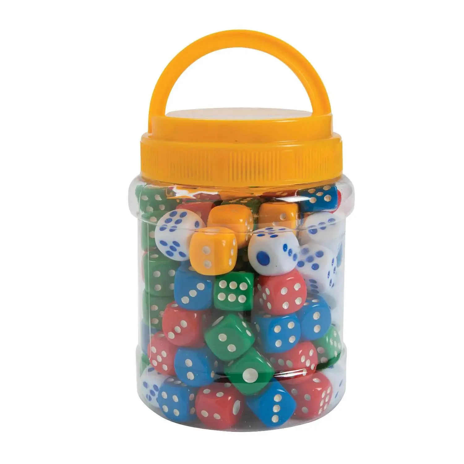 3/4" Colorful Plastic Dotted Dice with Jar & Carrying Handle - 100 Pc. 3/4" Colorful Plastic Dotted Dice with Jar & Carrying Handle - 100 Pc.