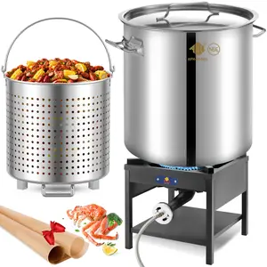 64/84/100QT Seafood Boiling Kit with Strainer and 200,000BTU Propane Burner, Stainless Steel Crawfish Boil Pot for Outdoors Cooking and Steaming, Turkey Fryer
