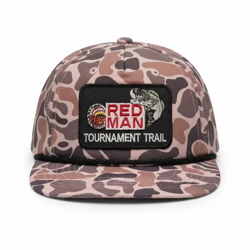 Red Man Tournament Trail Patch Hat Oldschool Duck Camo Rope Cap 7 Panel Flat Bill Snapback Hat Vintage Bass Fishing Outdoor