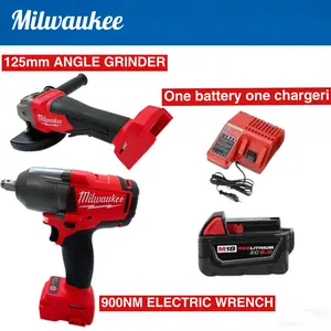 Milwaukee M18 125 mm Angle Grinder and 900 Nm Electric Wrench Set, Designed for Construction Sites, Auto Repair Shops and Industrial Workshops, Withstands Continuous Heavy-Duty Cutting, Grinding and Fastening Operations in Harsh Working Environments.