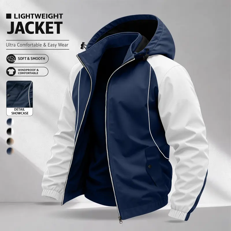 Men’s Color-Block Hooded Jacket — Y2K street windbreaker with zipper, suitable for skateboarding and casual looks; ideal for street commuting; retro sports color-block windbreaker.