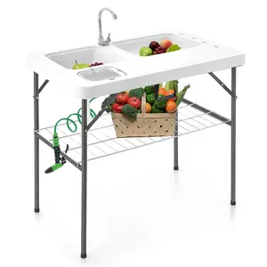 40'' Folding Fish Cleaning Table with Dual Water Basins, Faucet Drainage Hose & Sprayer, Portable Camping Sink Table, Outdoor Fish Fillet Cleaning Station with Grid Rack for Picnic