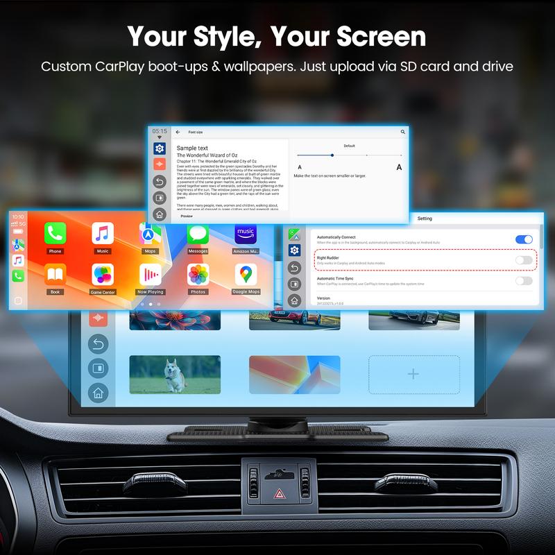 【JumpstartSale】VOLAM 10.25" Wireless CarPlay Screen — Supports Netflix, YouTube, TikTok apps, 720P Parking Backup Camera, split-screen app display, ideal for navigation and in-car entertainment Compatible with iPhone 8–15+ and Android 11+