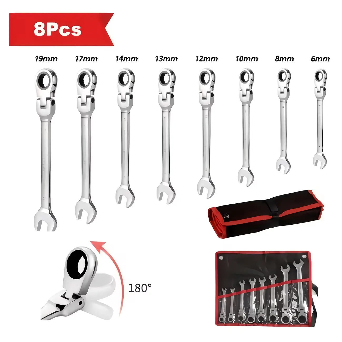 【sohochic】8pcs Double-ended Adjustable Ratchet Wrench Set, Multi-function Ratchet Wrench Combination Set, Metric 6-19Mm, , 72 Teeth, Cr-V Steel Wrench Set With Storage Bag, Suitable For Home/car/machinery, Etc., Good Choice For Gifts.