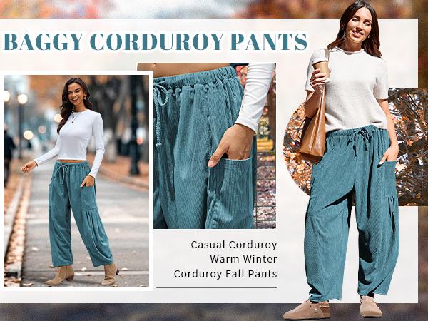 【NEW】TARSE Womens Corduroy Pants Wide Leg Palazzo Harem Pants Drawstring Casual Loose Barrel Work Trousers with Pockets Baggy Vintage Fall Winter Bottoms