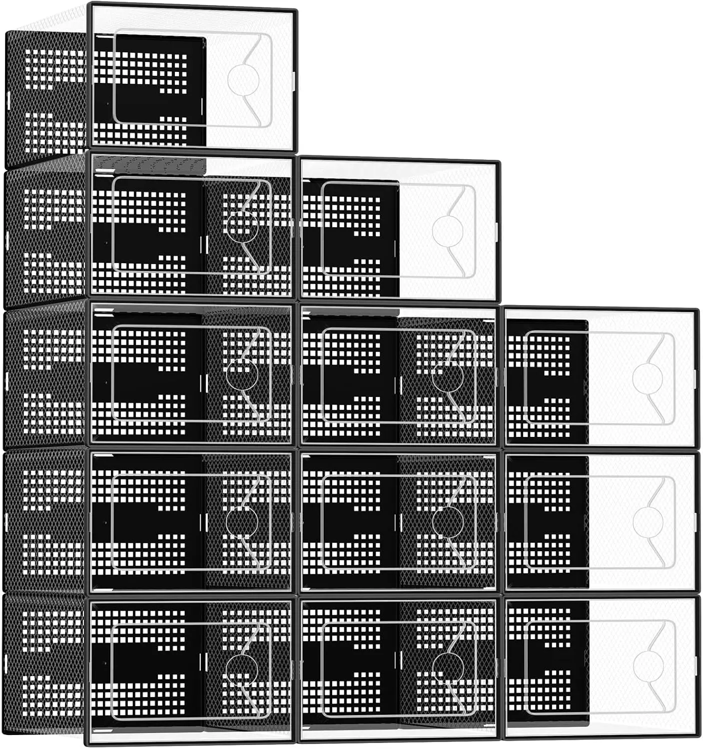 12-Pack Stackable Clear Shoe Containers with Lids, Display Sneaker Case Organizer for Closet, Under Bed, Entryway, Black, Fit Size 11