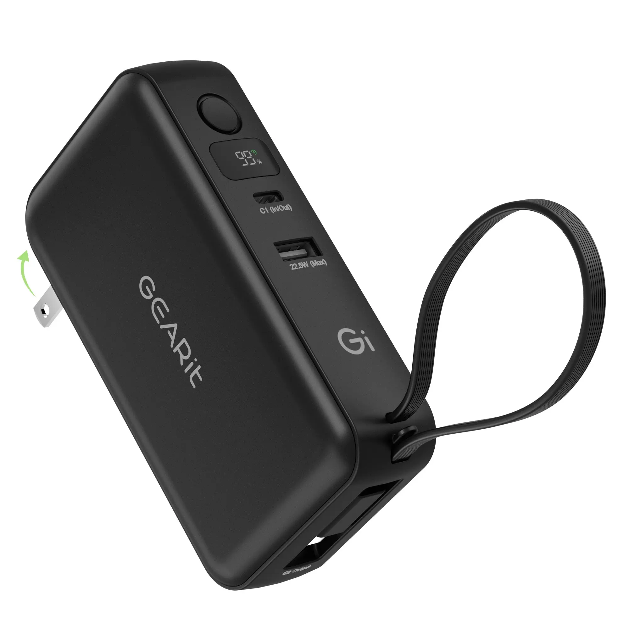 GEARit 3-in-1 65W GaN Charger & 10000mAh Foldable Compact Power Bank with Built-in USB-C Cable, Mobile Travel Gadgets for Fast Charging Devices, Phone Accessories Plug with Protection, Multifunctional High Power
